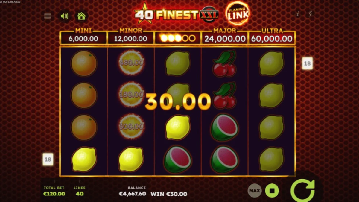Tampilan visual slot 40 Finest XXL Flaming Link dengan simbol buah neon dan api